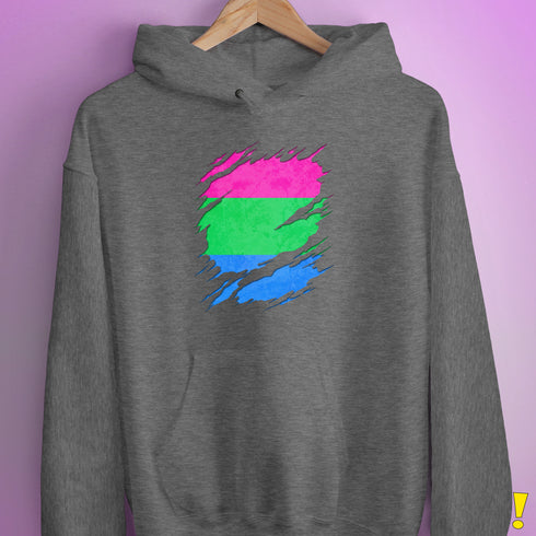 Polysexual Pride Flag Ripped Reveal Hoodie - Grey Heather